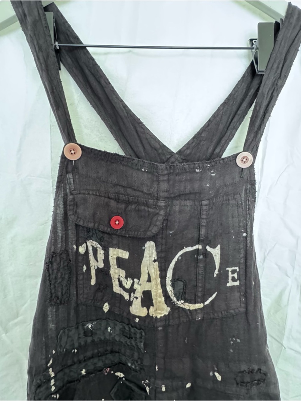Magnolia Pearl Black Overalls with 'PEACE' Graphic and White Paint Splatter - Picture 5 of 16